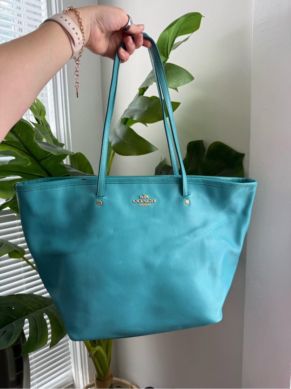 Coach Turquoise Leather Tote with Gold Logo